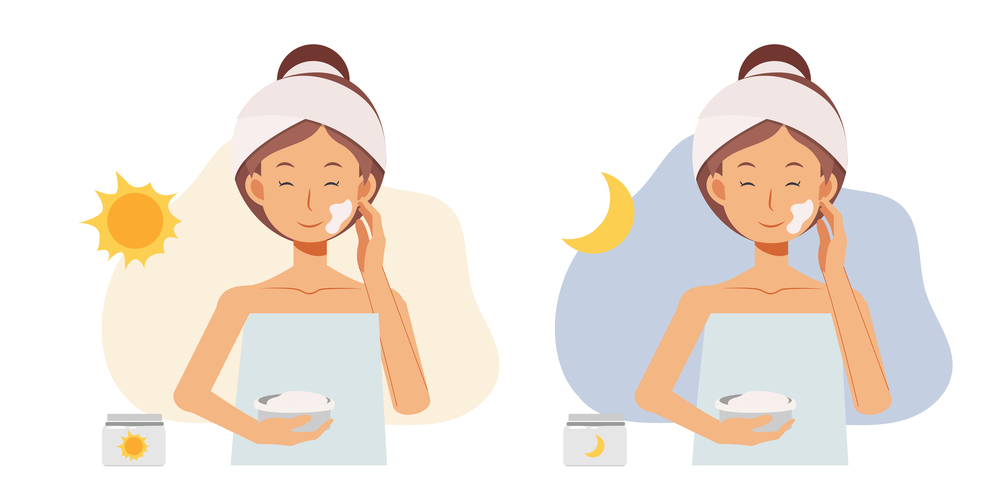 facial skin treatment concept. woman using day ceram and night cream. flat vector cartoon character illustration.