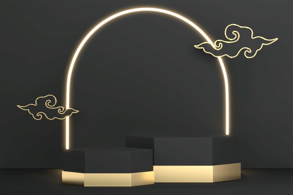 Black abstract design black podium show cosmetic products. 3D rendering