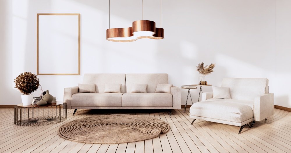 Loft style with white wall on wooden floor and sofa armchair on carpet.3D rendering