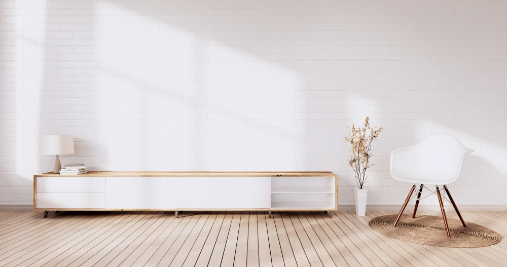 Tv cabinet in loft interior white brick wall room minimal designs, 3d rendering