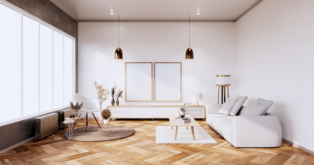 cabinet in loft interior white brick wall room minimal designs, 3d rendering