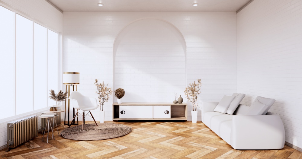 Tv cabinet in loft interior white brick wall room minimal designs, 3d rendering