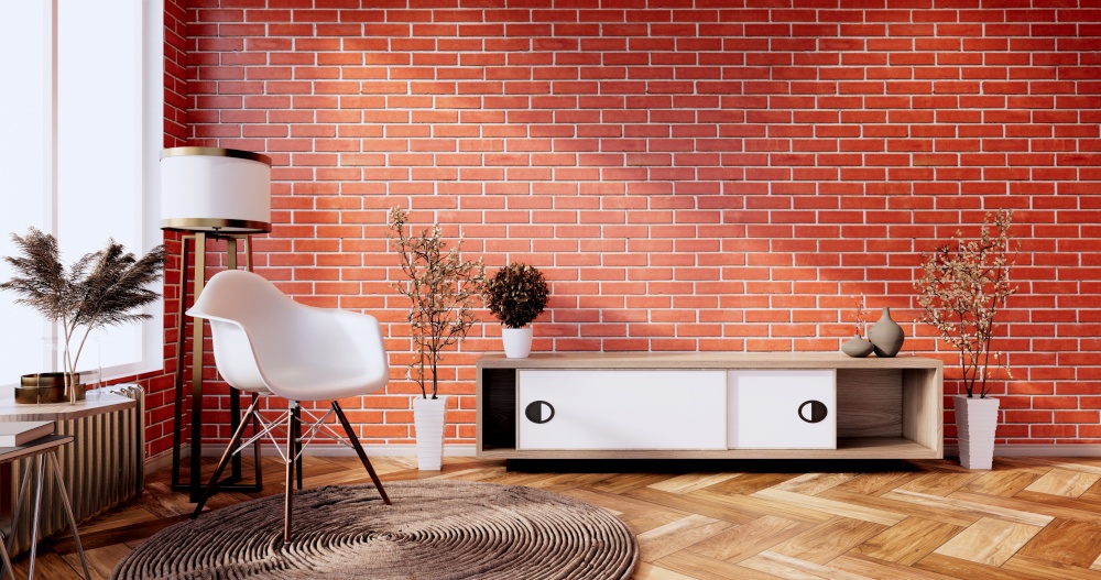Tv cabinet in living loft interior brick wall room minimal designs, 3d rendering
