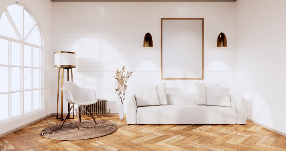 Loft style with white wall on wooden floor and sofa armchair on carpet.3D rendering