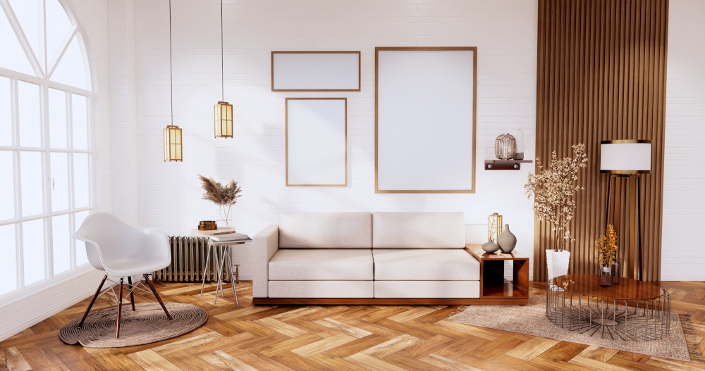 cabinet in loft interior white brick wall room minimal designs, 3d rendering