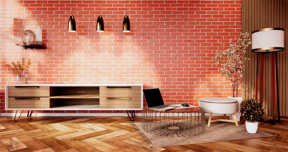 Tv cabinet in living loft interior brick wall room minimal designs, 3d rendering