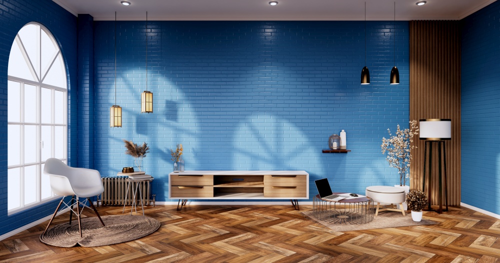 Tv cabinet in loft interior blue brick wall room minimal designs, 3d rendering