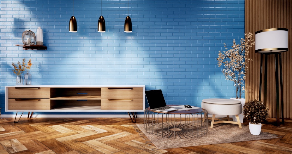 Tv cabinet in loft interior blue brick wall room minimal designs, 3d rendering