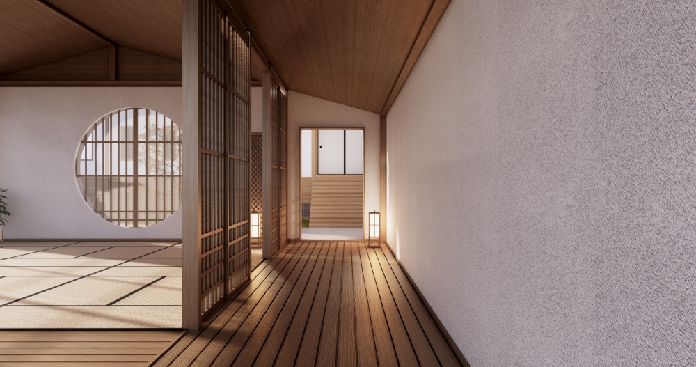 Interior, Empty room and tatami mat floor room japanese style. 3D rendering