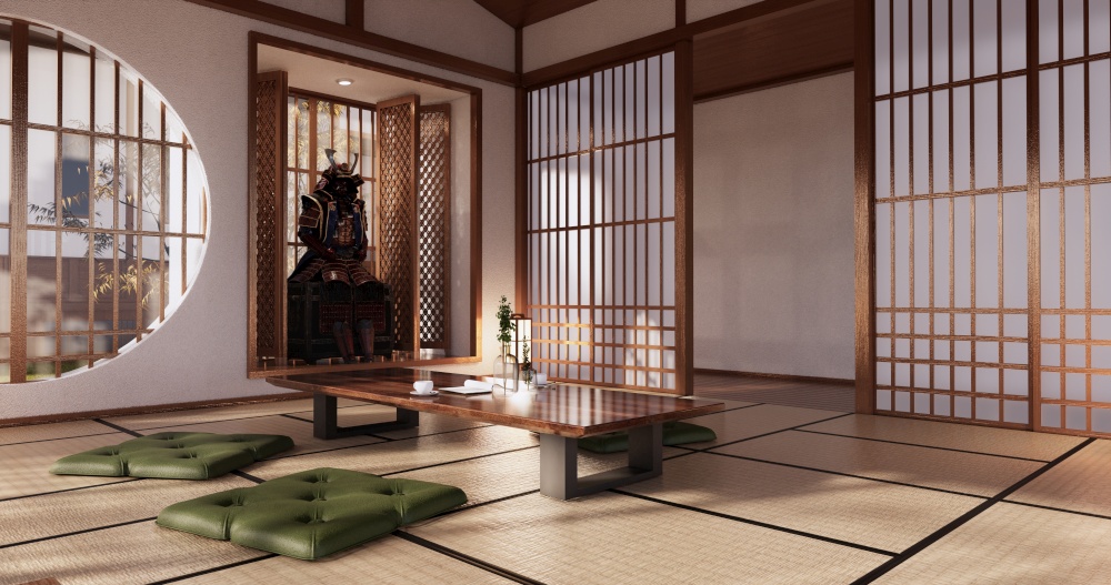 Sofa japanese on room tropical interior with tatami mat floor and white wall.3D rendering