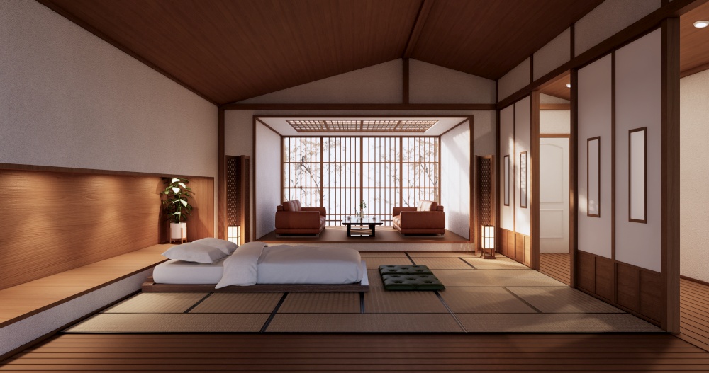 Modern Zen bed and decoartion plants in japanese bedroom. 3D rendering.
