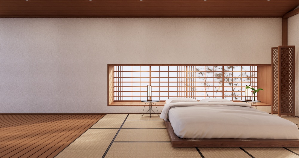 The bed room, japanese Minimalist style.3D rendering