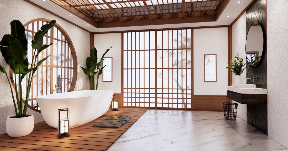 The Bath on empty room interior japanese style.3D rendering