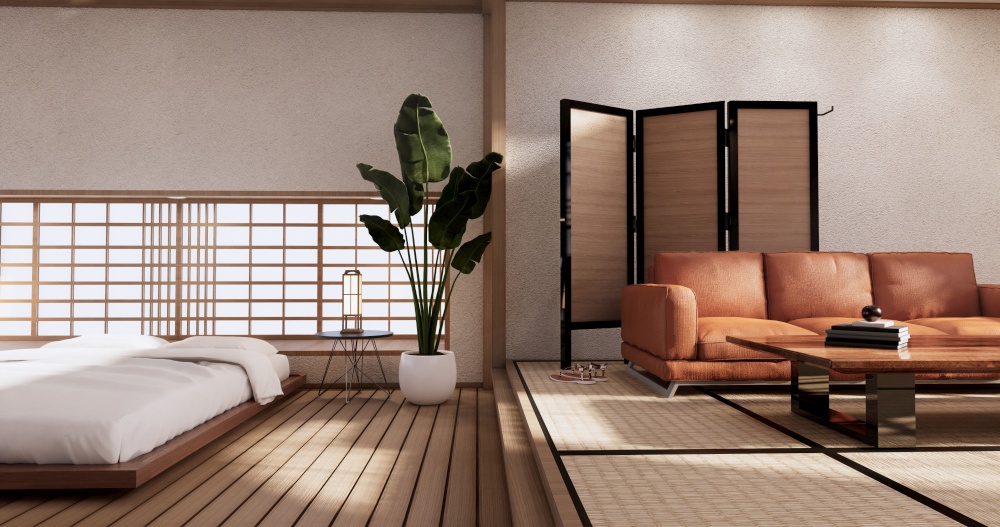 Living room japan tropical minimalist desing.3D rendering