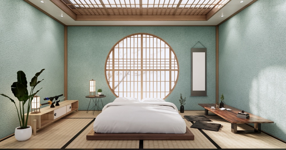 The bed room mint color, japanese Minimalist style.3D rendering