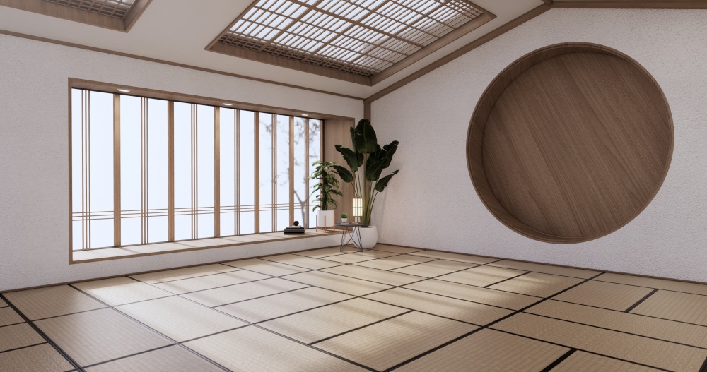 Circle shelf wall design, empty room japanese deisgn with tatami mat floor. 3D rendering