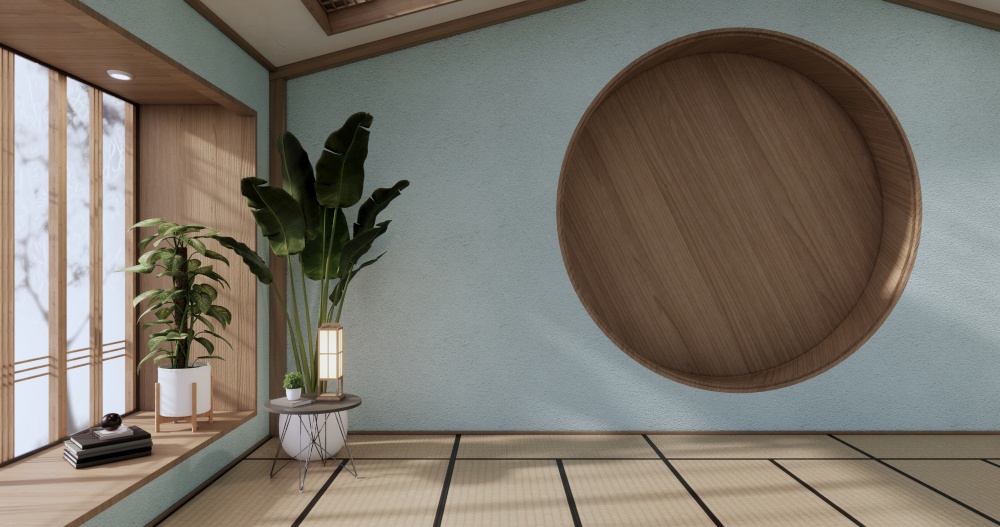Circle shelf wall design, Mint empty room japanese deisgn with tatami mat floor. 3D rendering