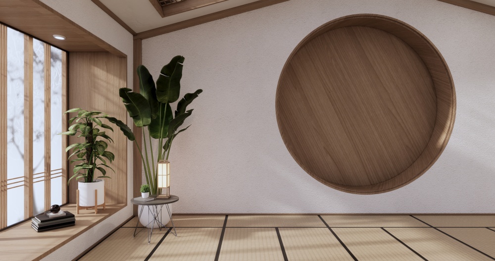 Circle shelf wall design, empty room japanese deisgn with tatami mat floor. 3D rendering