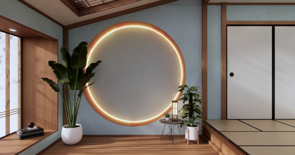 Circle shelf wall design, Mint empty room japanese deisgn with tatami mat floor. 3D rendering