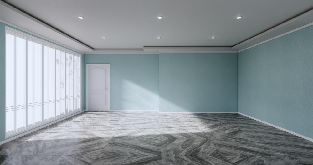 Empty room - Clean room ,Minimalist interior design, Mint wall on granite tiles floor. 3d rendering