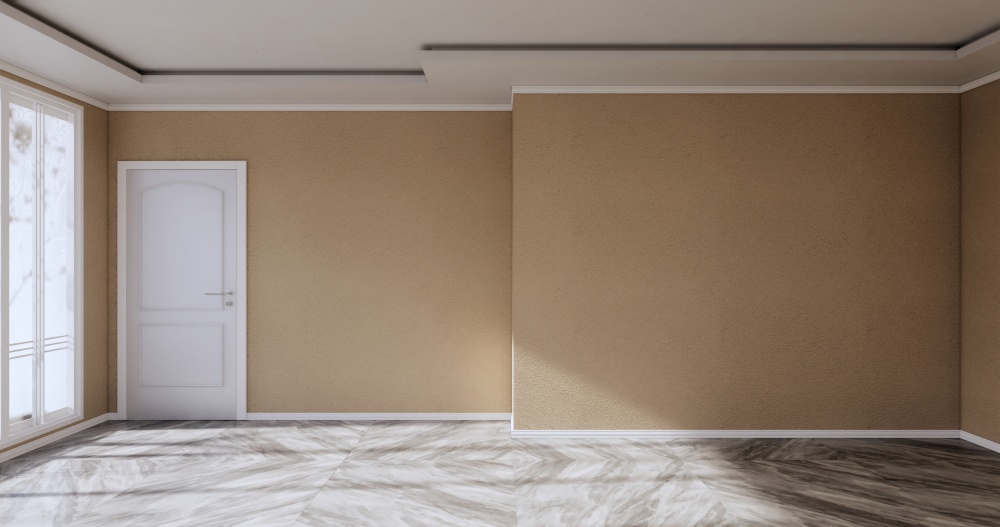 Empty room - Clean room ,Minimalist interior design, brown wall on granite tiles floor. 3d rendering