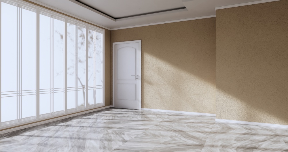 Empty room - Clean room ,Minimalist interior design, brown wall on granite tiles floor. 3d rendering
