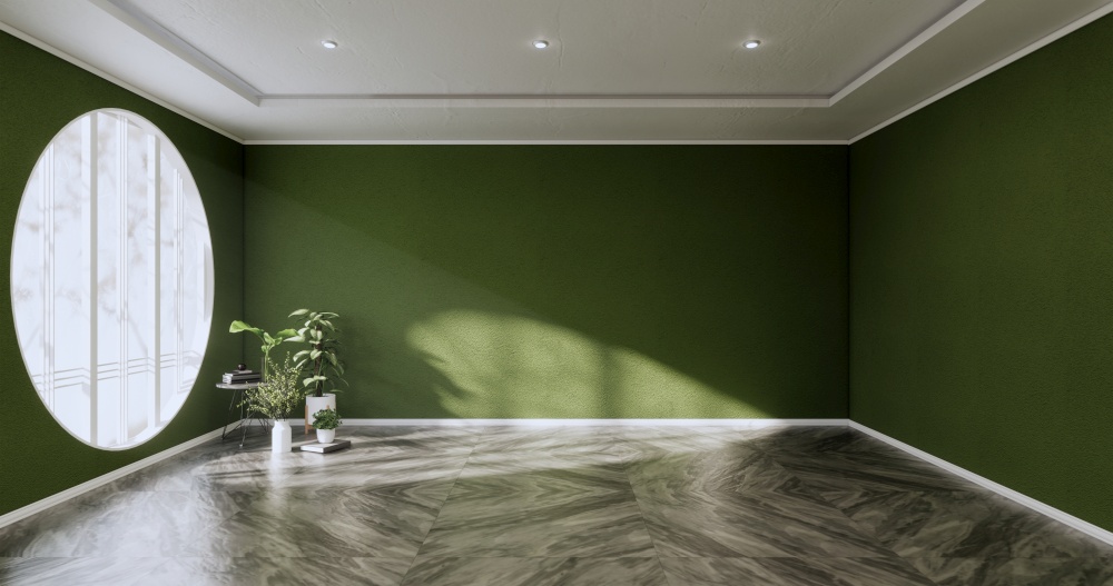 Empty room - Clean room ,Minimalist interior design, Green wall on granite tiles floor. 3d rendering