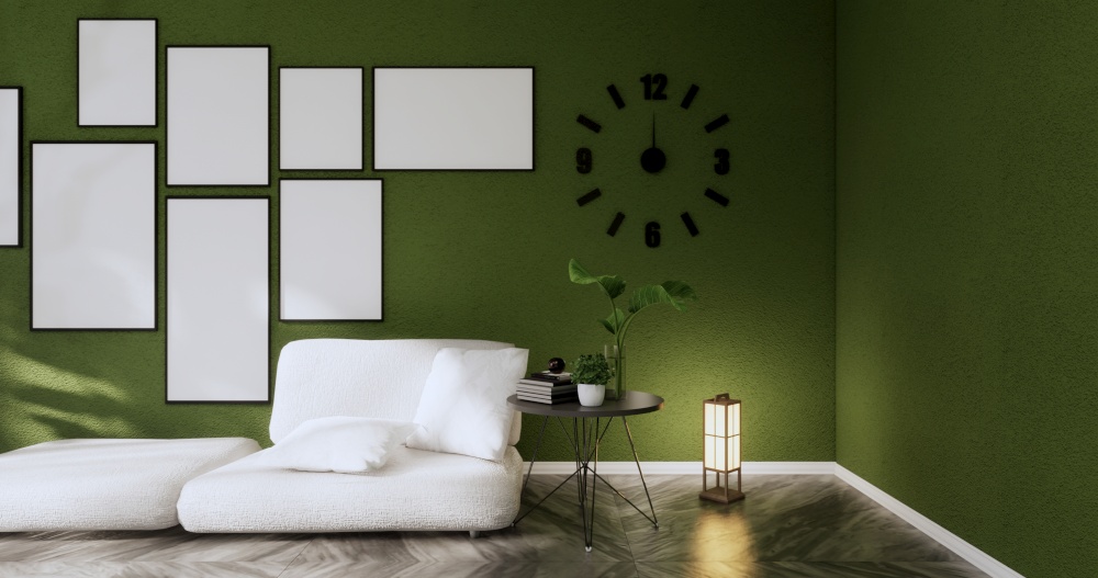 Minimalist interior ,Sofa furniture and plants, Modern Green room design.3D rendering