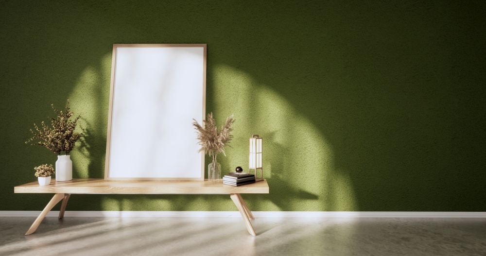 Cabinet wooden display design on Green room japanese minimalist living roon unterior, 3D rendering