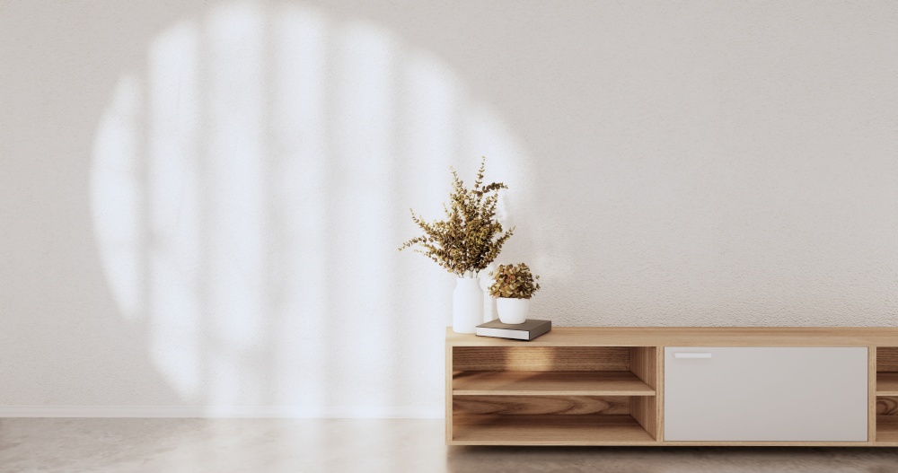 Tv Cabinet wooden design on white room interior modern style.3D rendering