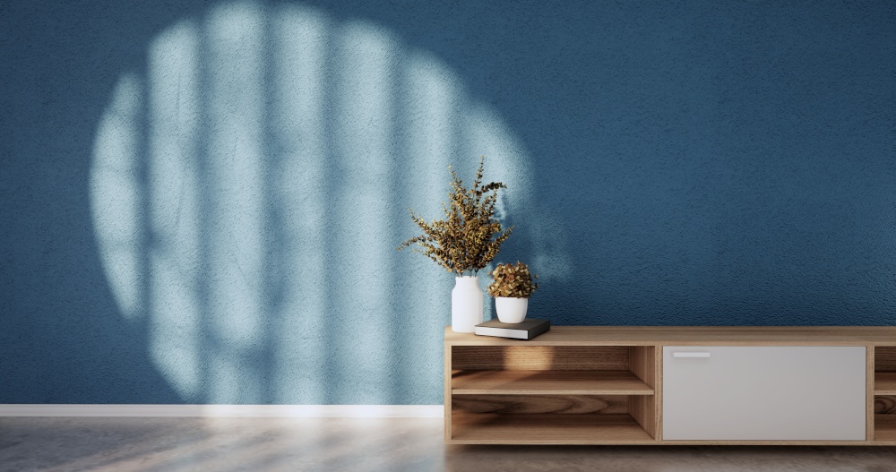 Shelf  Cabinet minimalist, Modern japanese blue room. 3d rendering