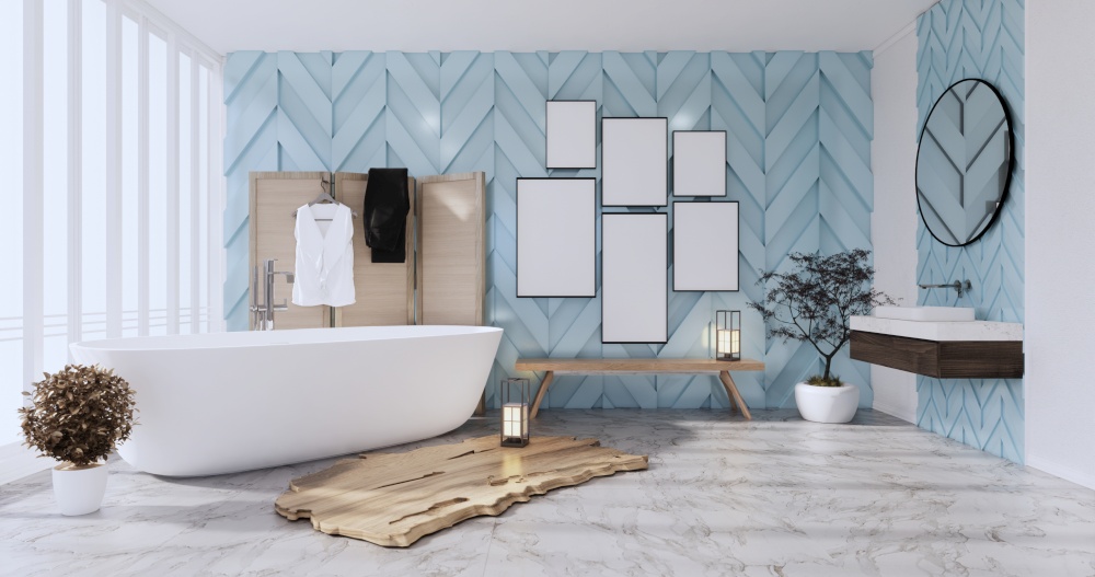 mint Bath room interior bathtub with wall white and tiles floor. 3d rendering