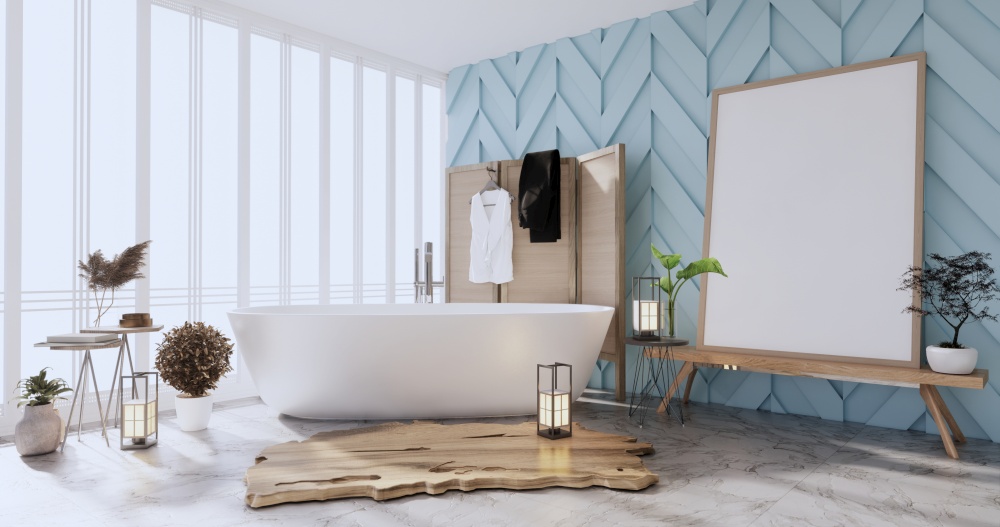 mint Bath room interior bathtub with wall white and tiles floor. 3d rendering