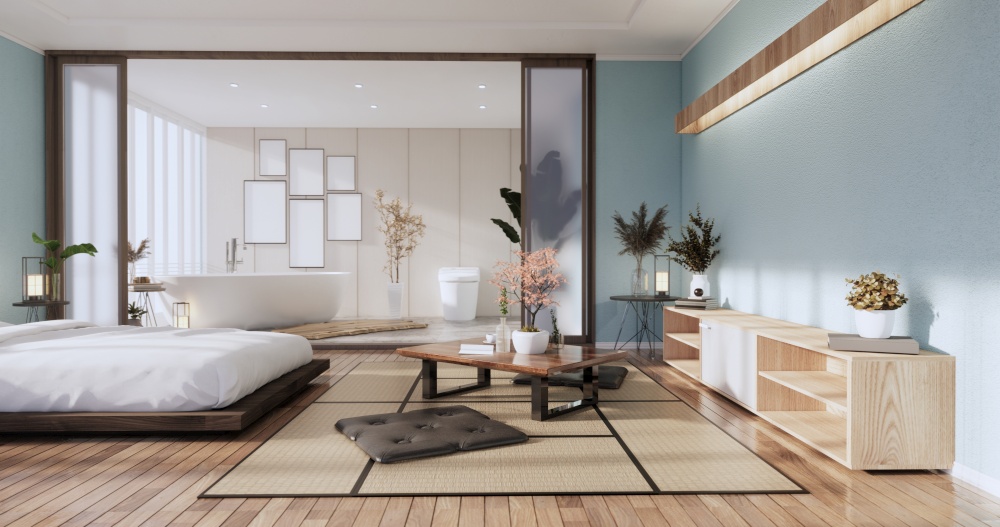 MInt Modern Zen bed and decoartion plants in japanese bedroom. 3D rendering.