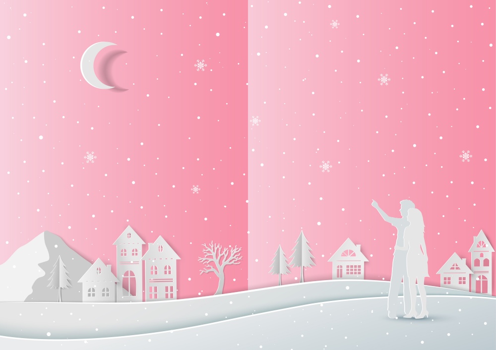 Love in winter concept with paper art on romance background,vector illustration