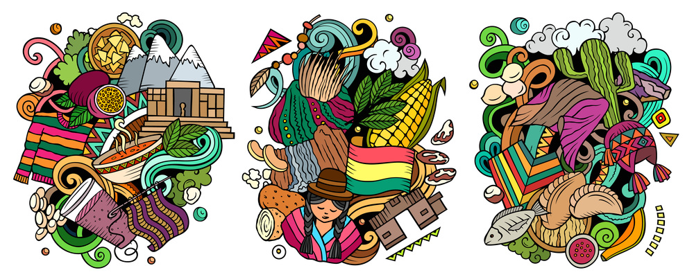 Bolivia cartoon vector doodle designs set. Colorful detailed compositions with lot of traditional symbols. Isolated on white illustrations. Bolivia cartoon vector doodle designs set.