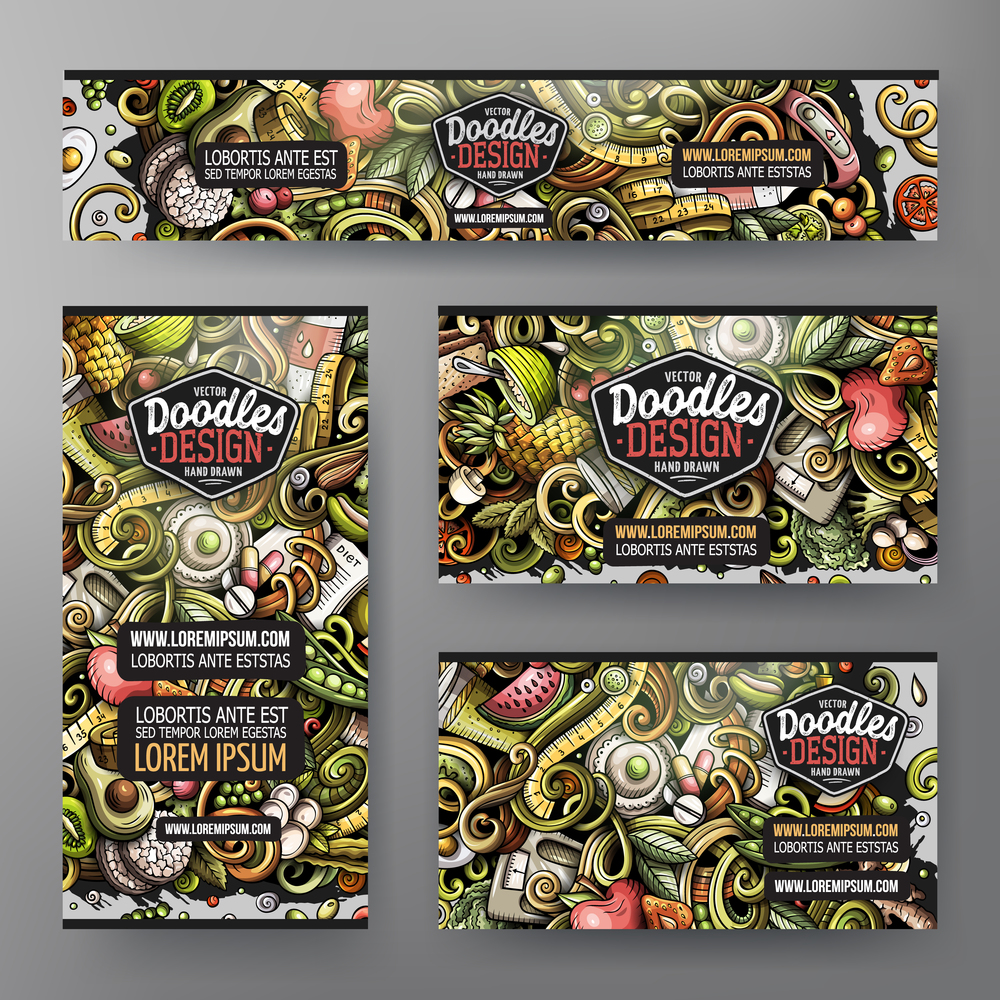 Cartoon vector doodle set of Diet food corporate identity templates. Colorful funny banners, id cards, flayer for the use on branding, invitations, cards, apps, web design.. Cartoon vector doodle set of Diet food corporate identity templates.