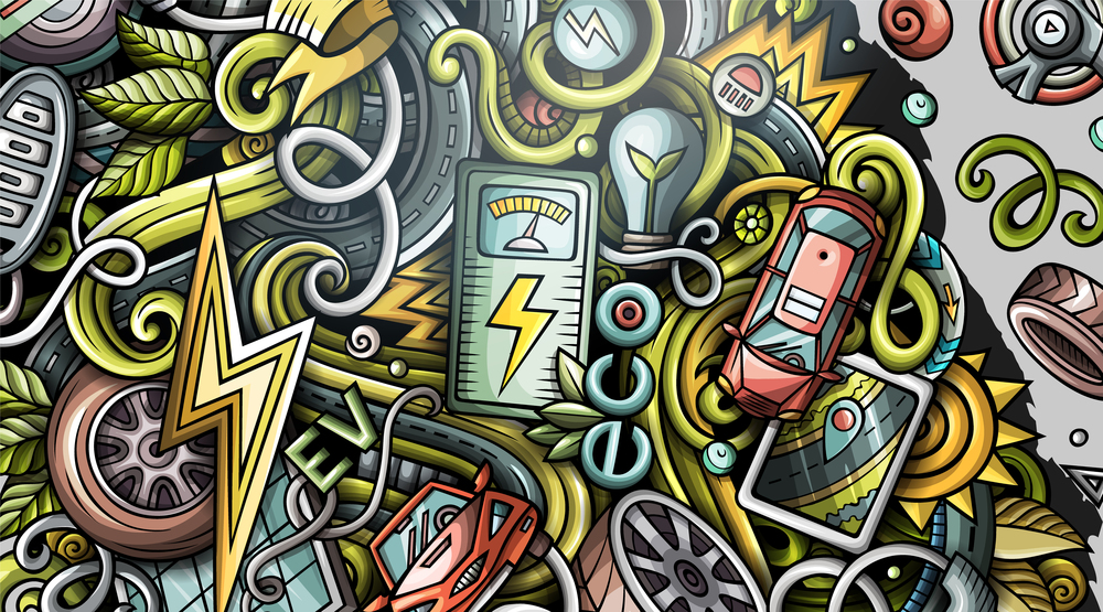 Electric cars hand drawn doodle banner. Cartoon detailed flyer. Automotive identity with objects and symbols. Color vector design elements background. Electric cars hand drawn doodle banner. Cartoon detailed flyer.