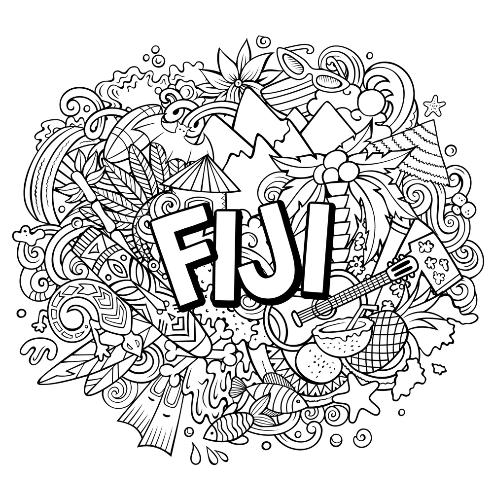 Fiji hand drawn cartoon doodles illustration. Funny travel design. Creative art vector background. Handwritten text with exotic island elements and objects.. Fiji hand drawn cartoon doodles illustration. Funny travel design.