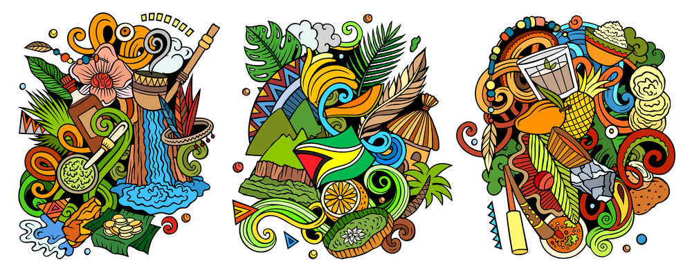 Guyana cartoon vector doodle designs set. Colorful detailed compositions with lot of traditional symbols. Isolated on white illustrations. Guyana cartoon vector doodle designs set.