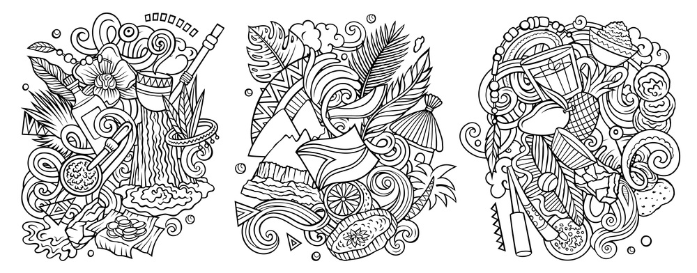 Guyana cartoon vector doodle designs set. Sketchy detailed compositions with lot of traditional symbols. Isolated on white illustrations. Guyana cartoon vector doodle designs set.