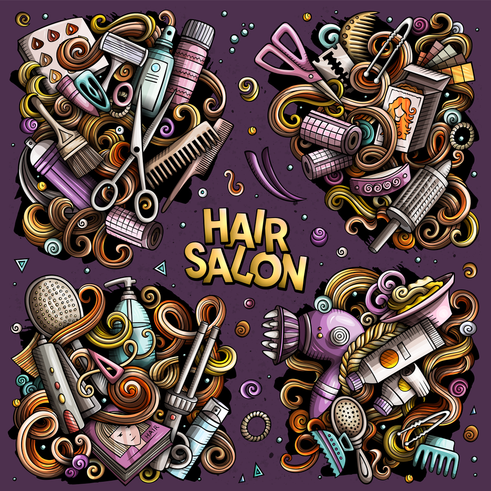 Hair Salon cartoon vector doodle designs set. Colorful detailed compositions with lot of hairstyle objects and symbols. All items are separate. Hair Salon cartoon vector doodle designs set.