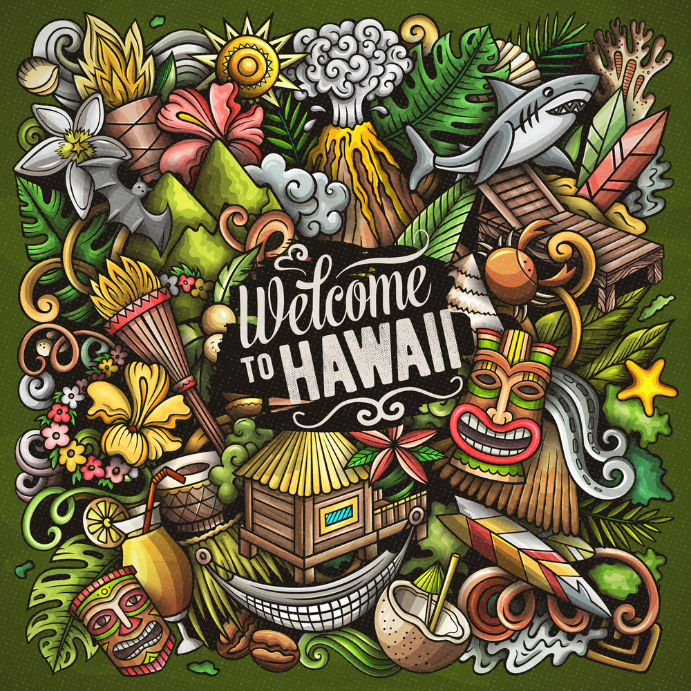 Hawaii cartoon vector doodles illustration. Hawaian poster design. Tropical elements and objects background. Bright colors funny picture. All items are separated. Hawaii cartoon vector doodles illustration.