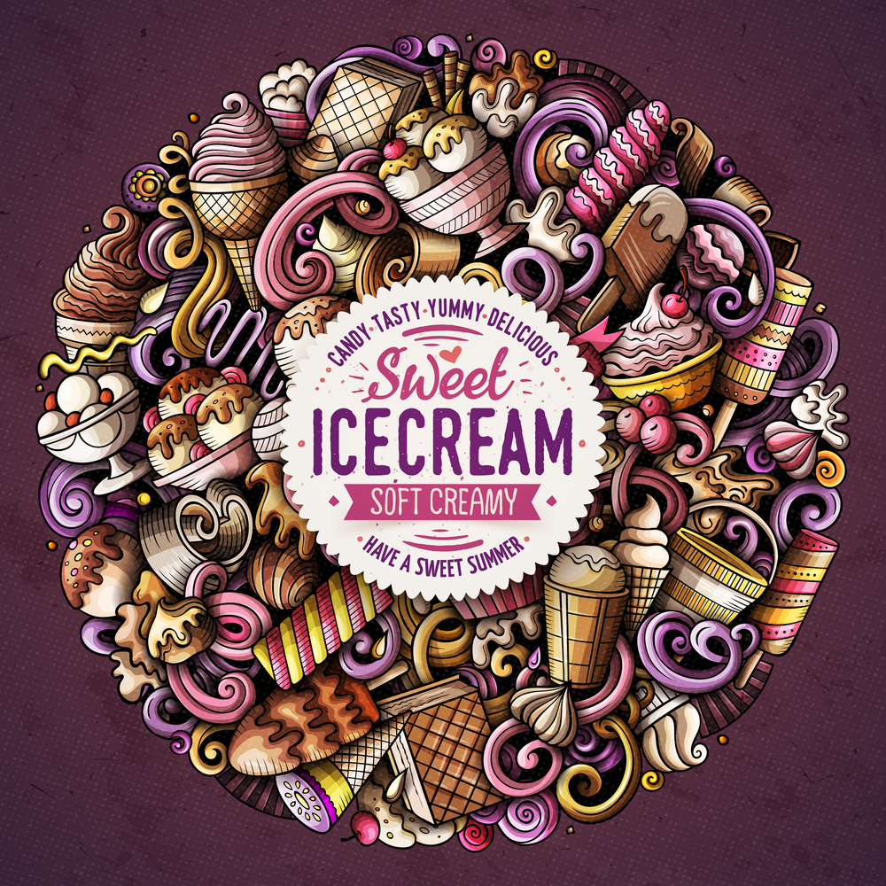 Ice Cream hand drawn vector doodles illustration. Sweets poster design. Sweet food elements and objects cartoon background. Bright colors funny picture. Ice Cream hand drawn vector doodles illustration.