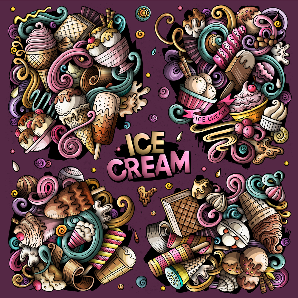 Ice Cream cartoon vector doodle designs set. Colorful detailed compositions with lot of sweets objects and symbols. All items are separate. Ice Cream cartoon vector doodle designs set.