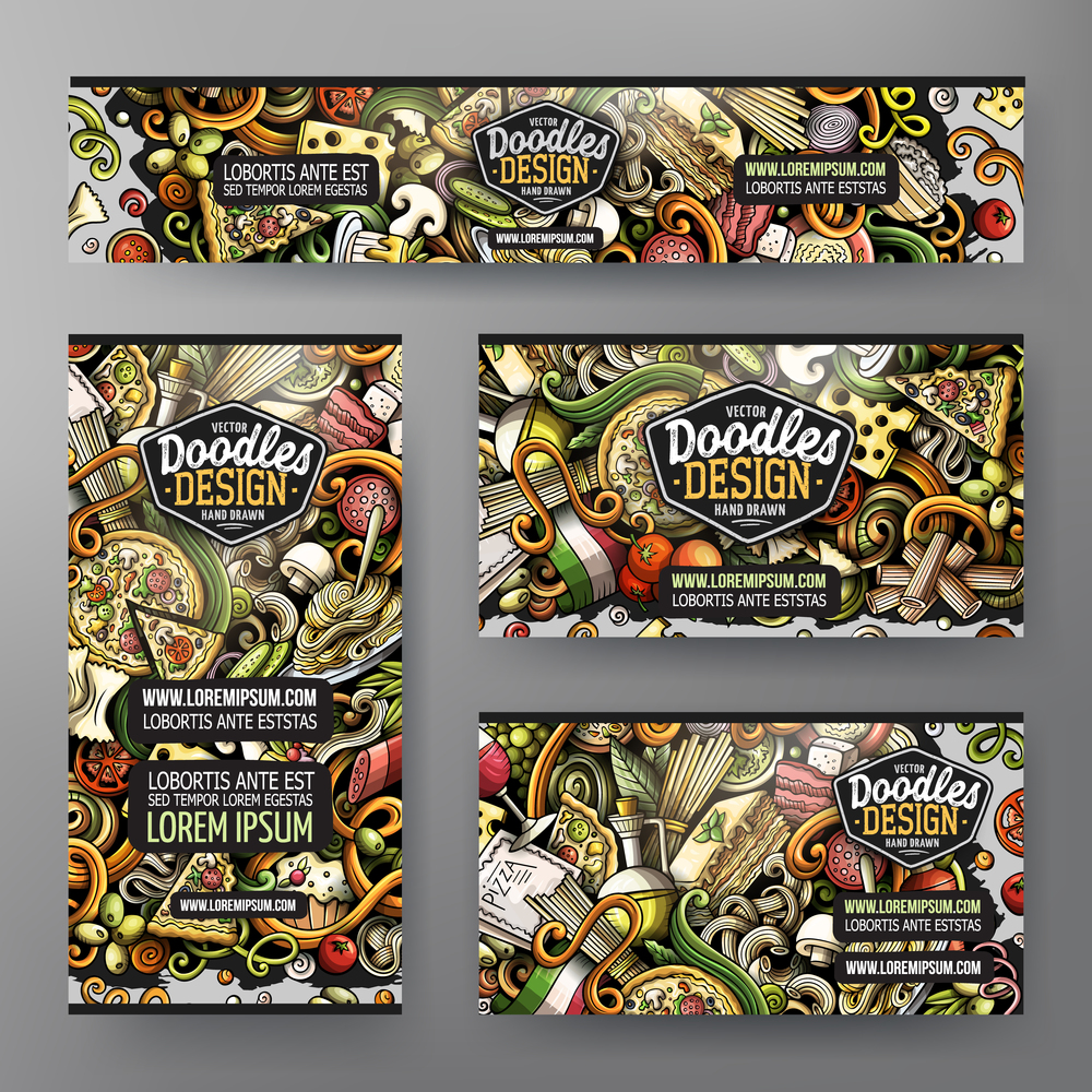 Cartoon vector doodle set of Italian Food corporate identity templates. Colorful funny banners, id cards, flayer for the use on branding, invitations, cards, apps, web design.. Cartoon vector doodle set of Italian Food corporate identity templates.