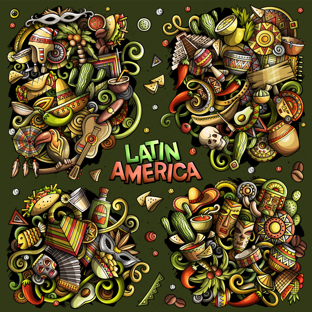 Latin America cartoon vector doodle designs set. Colorful detailed compositions with lot of Latin American objects and symbols. All items are separate. Latin America cartoon vector doodle designs set.