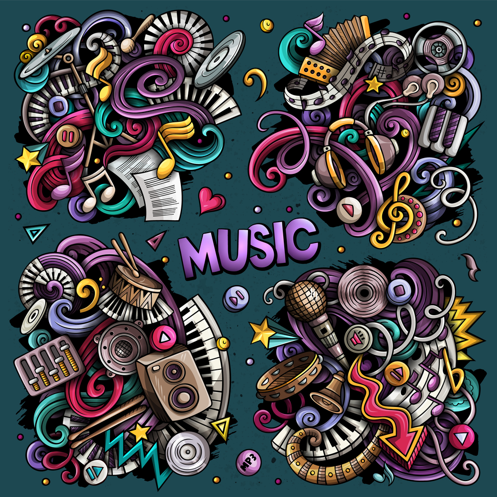Music cartoon vector doodle designs set. Colorful detailed compositions with lot of musical objects and symbols. All items are separate. Music cartoon vector doodle designs set.