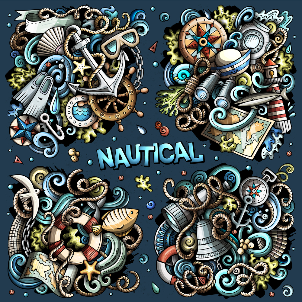 Nautical cartoon vector doodle designs set. Colorful detailed compositions with lot of maritime objects and symbols. All items are separate. Nautical cartoon vector doodle designs set.