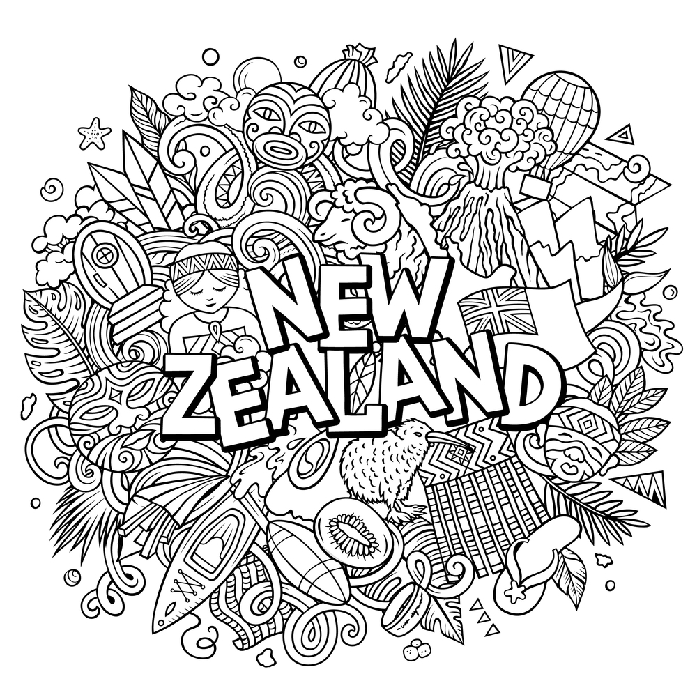 New Zealand hand drawn cartoon doodle illustration. Funny design. Creative vector background. Handwritten text with Oceania Country elements and objects.. New Zealand hand drawn cartoon doodle illustration. Funny local design.